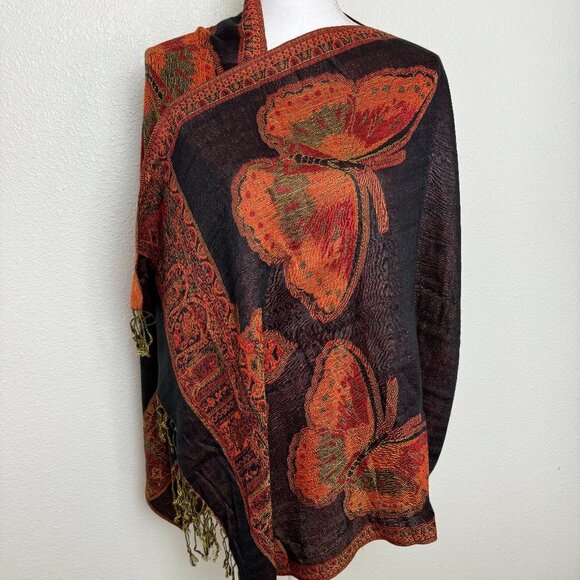 Reversible Scarf  Shawl Black Terracotta Butterflies 100% Pashmina - Picture 1 of 7